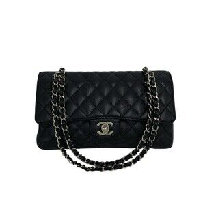 CHANEL Double Flap Matelassé Coco Mark Caviar Skin Shoulder Bag, Black, 32838